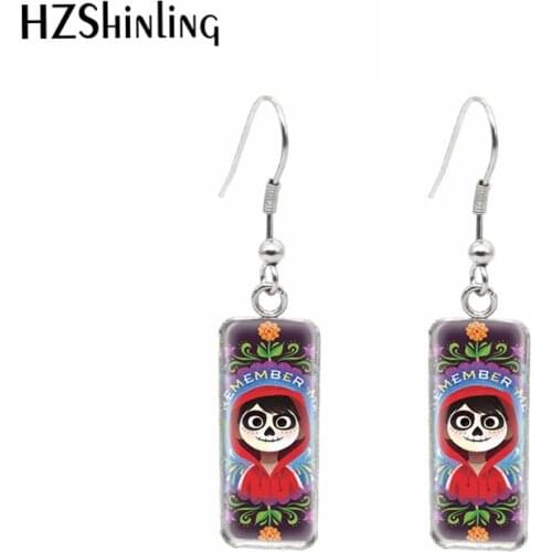 Coco Grandmother Music Guitar Rectangle Hook Dangle Drop Earrings Glass Cabochon Ear Jewelry