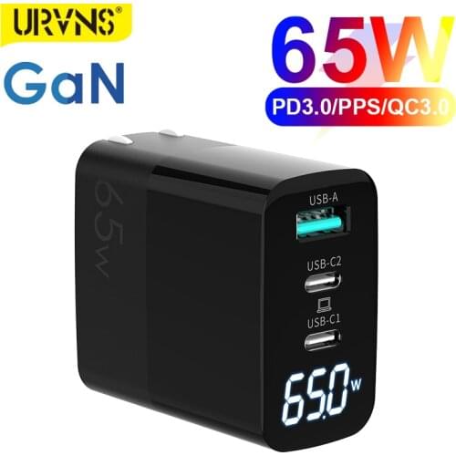 URVNS 65W 3-Port PPS USB C Wall Charger PD 3.0 GaN Fast Adapter with LCD Display for MacBook Pro Air, iPad Pro, iPhone, Galaxy