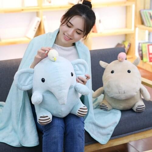 Kawaii Hippo Elephant Plush Toy Stuffed Animal Pillow with Blanket Soft Cushion Home Office Car Nap Pillow Girls Christmas Gift