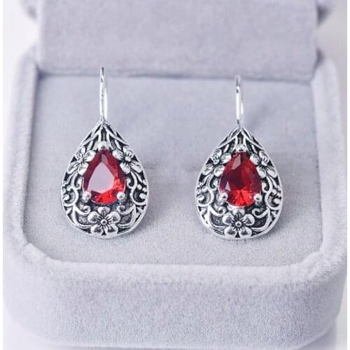 Vintage Silver Color Flower Red Zircon Crystal Water Drop Earrings for Women Jewelry Gifts