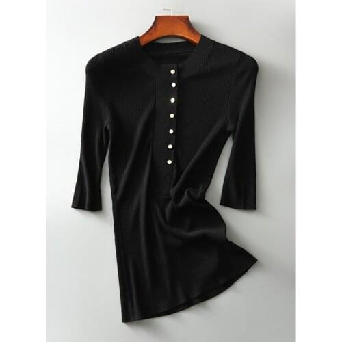 High Quality Knitted Tshirt Women Elasticity Button Screw Short Sleeve O Neck Knit Woman Tshirts Tops Ladies Clothes T-shirts