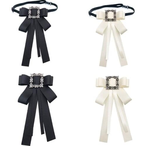 Women Vintage Rhinestone Buckle Bow Tie Brooch Luxury Jewelry Uniform Shirt Collar Pin Long Ribbon Bowknot Necktie with Strap