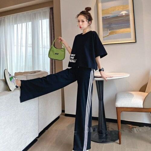 Wide Leg Pants 2 PCS Ladies T-Shirt Suit Striped Womens Sets 2021 New Sweatsuit For Girl Sports Suit Loose Tracksuit For Women