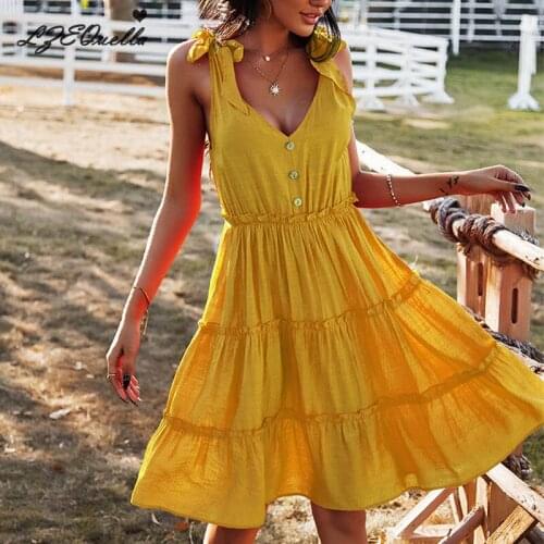 LZEQuella Womens Summer New Style Solid V-neck Ruffled Lace Dress Vintage Single-breasted Ladies Beach Sundress Party Vestidos