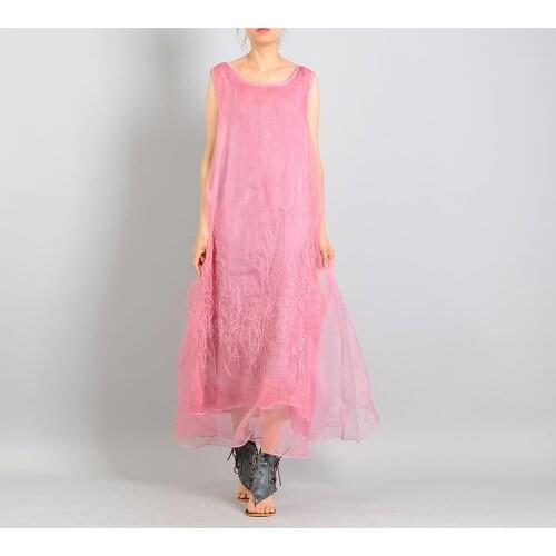 Women Summer Embroidery Solid color Organza Dress Ladies Elegant Simple Sundress Female Tank Dress 2018