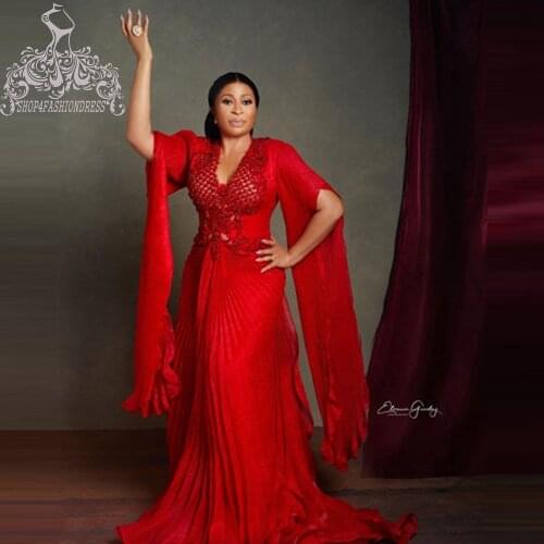 2021 Newest Bridal Red Beaded Wedding Dresses With Flare Sleeves Pretty V-neck Draped Ruffles Wedding Gowns African Plus Size