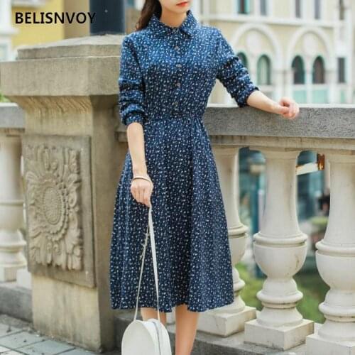 Japanese Mori Girl Autumn Winter Women Corduroy Dress Wine Red Floral Printed Retro Vestidos Long Sleeve Korean Sweet Dress