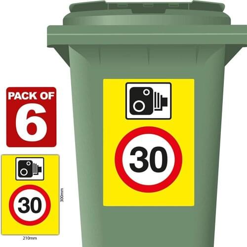 6 Pack of Speed Camera 30 mph Speed Reduction Wheelie Bin Stickers