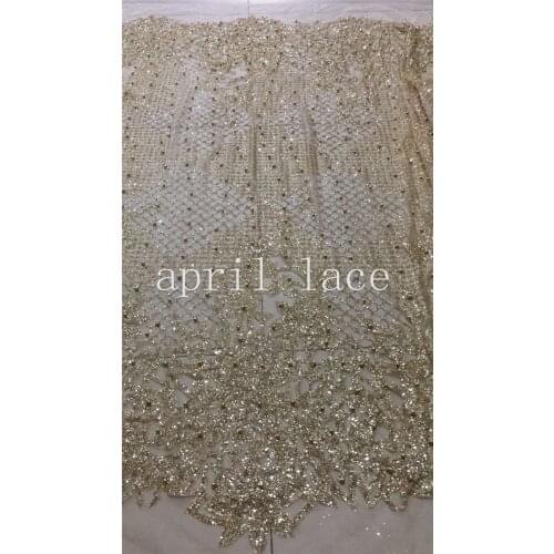 Ap329 # 5 yards gold pearls hand print glued glitter net tulle mesh sugar lace fabric for sawing dress /occasion