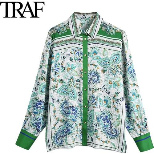 Traf Za Women Clothing 2021 Spring Autumn Long Sleeve Blouses Chic Loose Satin Shirts Ladies vintage Printed Buttoned Tops