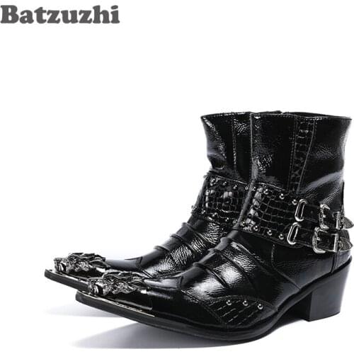 Batzuzhzi 6.5cm Heels Men Boots Black Leather Dress Boots Metal Tip Botas Hombre with Buckles Punk Rock Motocycle Short Boots
