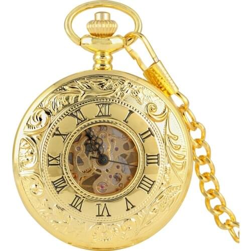 Top Luxury Gold Color Antique Mechanical Skeleton Pocket Watch Hand Winding Double Open Side Chain Hour Clock Reloj De Bolsillo