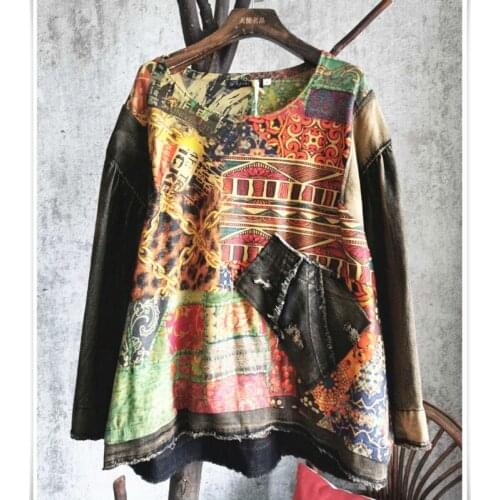 QING MO Holes Women Denim Knitted Stitching T Shirt 2020 Women Funny Printed T Shirt Female Front Short Back Long Shirt ZQY5513