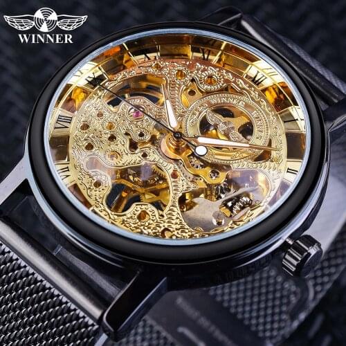 Winner 2019 Relogio Masculino Mechanical Watch Mens Golden Skeleton Transparent Slim Steel Mesh Band Casual Watches Reloj Hombre