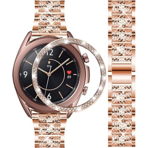 For Samsung Galaxy Watch 3 41mm 45mm bezel ring + band Shining Rhinestone Diamond Metal Strap for galaxy watch 3 band bezel loop