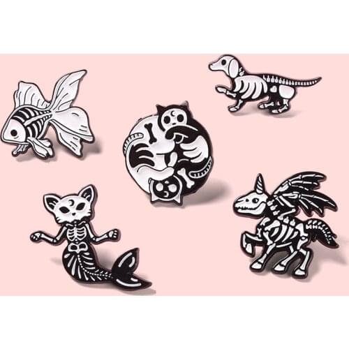 Fashion Punk Skeleton Metal Enamel Brooch Dark Gothic Mermaid Unicorn Dog Badge Simple Lapel Backpack Jewelry Accessories Gift