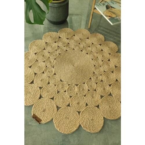 Washable Nano Mesh Rope Carpet/Rug Floex, Round 90cm, Double-Sided Use, Hand Woven, Soft, Kids Room, Bathroom, Jute, Natural