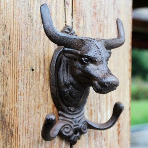 Retro Rustic Bull Head Cast Iron Wall Hook With Two Hangers European Home Garden Decor Animal Head Figurines Metal Wall Hook