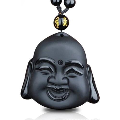 Natural Black Obsidian Stone Pendant Carved Maitreya Buddha Head Pendant Necklace Gift For Men Women Stone Jewelry