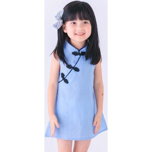 Girls dress summer new pure color cotton and linen cheongsam childrens clothing sleeveless baby clothes