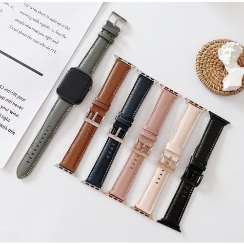 2021 Genuine Leather Watch Strap for Apple Watch Series SE 6 5 4 Steel Metal Buckle Watch Bands for iWatch 3 2 1 Man Woman Slim