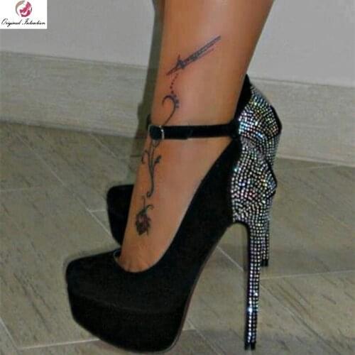 FASHION Women Heels Platform Crystal Faux Suede Shoes Women Pumps Sandals Evening Dress Custom Party Large Size 34-52