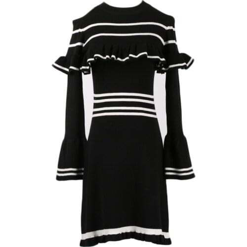 Runway Wool Knitted Dress 2018 New Fall Winter Flare Sleeve Off Shoulder Black Ruffles Stripes Midi Party Dresses Women