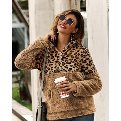 Women Fleece Sweatshirt Winter Casual Faux Fur Leopard Patchwork Fluffly Female Hoodies Warm Turtleneck Zipper Thick Sherpa Tops