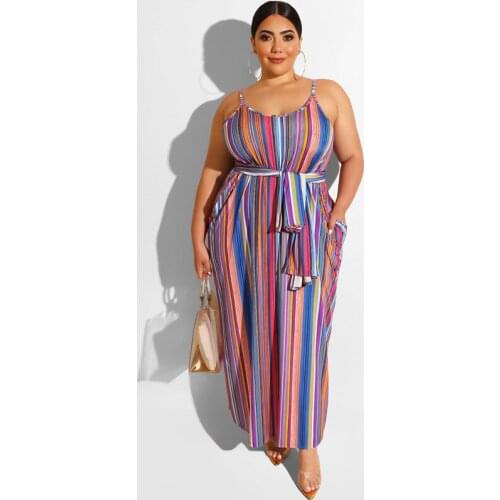Plus size summer women fashion loose floor length sleeveless stripe belted casual dress