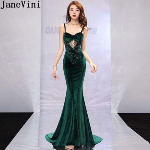 JaneVini Ladies Mermaid Bridesmaid Dress Long Beaded Velvet Sweep Train Dark Green Prom Dresses Elegant Dress for Wedding Party