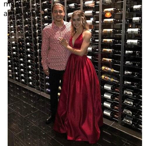 2020 New Sexy Red Robe Backless Evening Dresses Vestidos De Fiesta Deep V Neck Spaghetti Straps Prom Party Gowns Lace-up Back