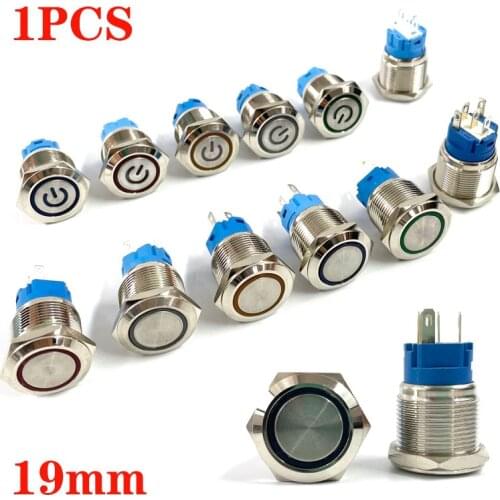 19mm 6V 12V 110V 220V LED instantaneous self-reset and self-locking waterproof metal button switch with power symbol ring mark