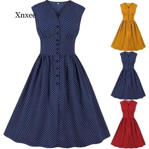 Sleeveless Single Breasted Sleeveless Polka Dot Casual Dress Holiday Beach Summer Women V-Neck High Waist Vintage Slim Dresses