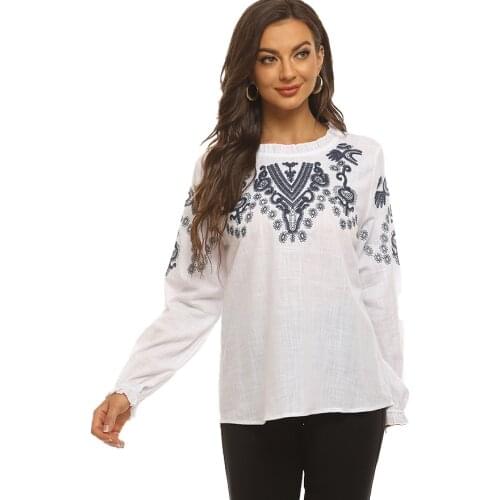 KHALEE YOSE Boho Embroidery Blouses Shirt white Cotton Autumn Plus Size Mexican Shirt Vintage Long Sleeve 3xl Women Ethnic Top