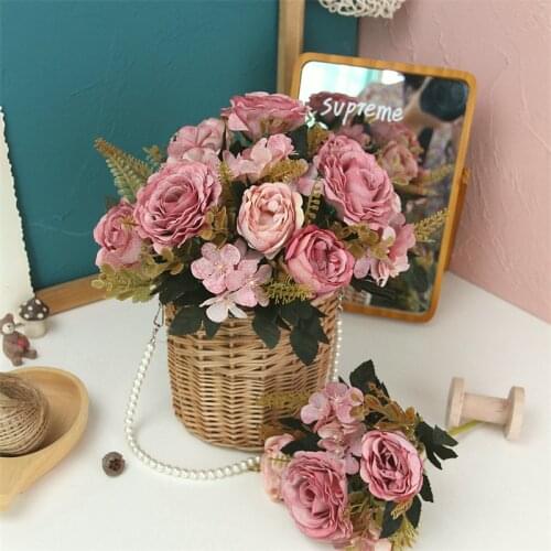 Artificial Flowers Silk Roses Bride Bouquet Home Decor Autumn Wedding Accessories Clearance Garden Fake Peony Hydrangea Plants