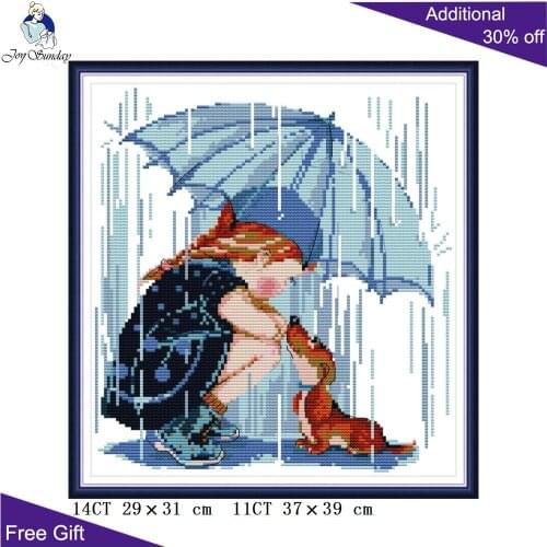 Joy Sunday Girl And Dog In The Rain Cross Stitch RA244 14CT 11CT Counted and Stamped Home Decor Girl And Dog Cross Stitch kits