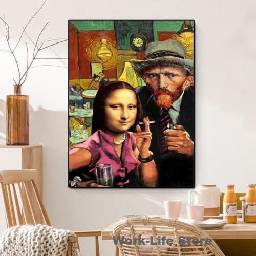 Canvas Paintings Funny Art Mona Lisa and Van Gogh Smoking Wall Art Posters and Prints Da Vinci Famous Pictures for Living Room