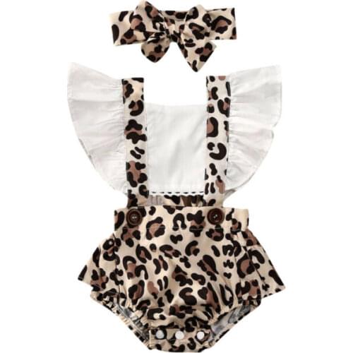 Baby Girls Clothes Newborn Leopard Print Backless Jumpsuit Girls Ruffle Square Collar Bodysuit Bow Headband Summer 2pcs Outfits