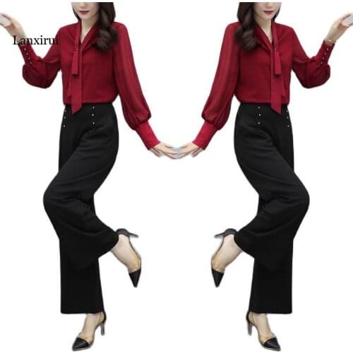 New Black Fashion Elegant Women Two-piece Suit Korean Solid Shirt Top and High Waist Wide Leg Pants Office Lady Pant Set