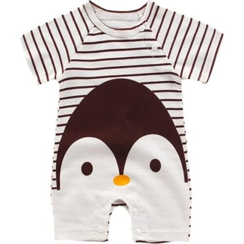 Summer Newborns Toddlers Boys Girls Rompers Short Sleeve Cartoon Cotton One Piece Shortalls Cute Penguin Striped Baby Clothing