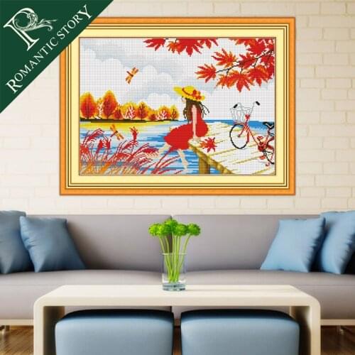 Romantic Story Girls Back in an Autumn Date Figure Portrait Needlework DIY 11CT Printing Cross Stitch Sets For Embroidery Kits