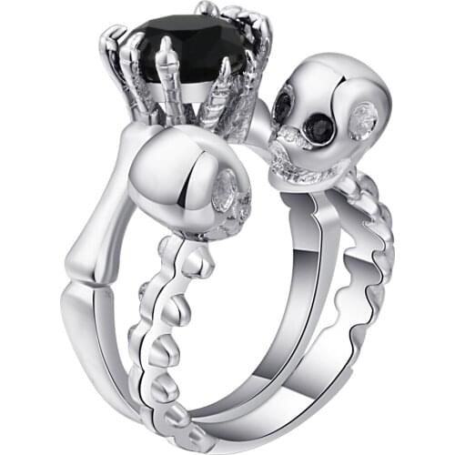 UFOORO Luxury skeleton Ring Sets black Zircon Wedding And Engagement Ring For Women/men New skull design black ring set