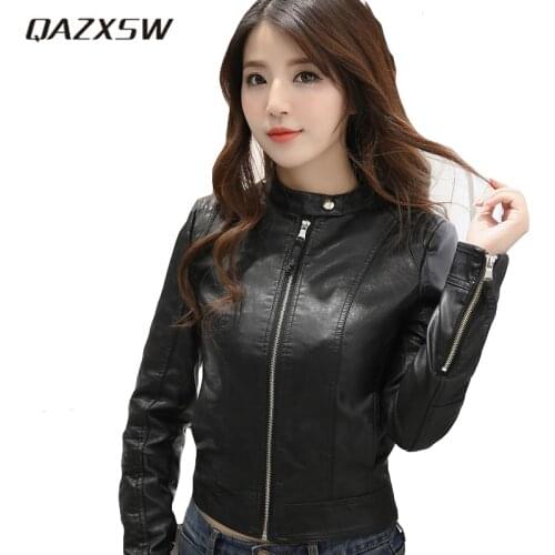 QAZXSW Autumn Women Leather Jacket Women Motor Jackets Solid Slim PU Leather Full Sleeve Motorcycle Jackets Lady Coats HB142