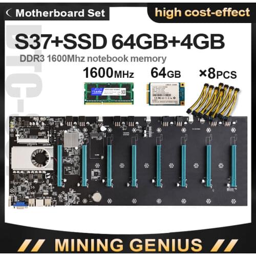 Riserless Mining Motherboard BTC-S37 Etherum Mining Set Kit Combo with 4GB DDR3 1600MHz RAM 1037U 64GB mSATA SSD,Power Cable