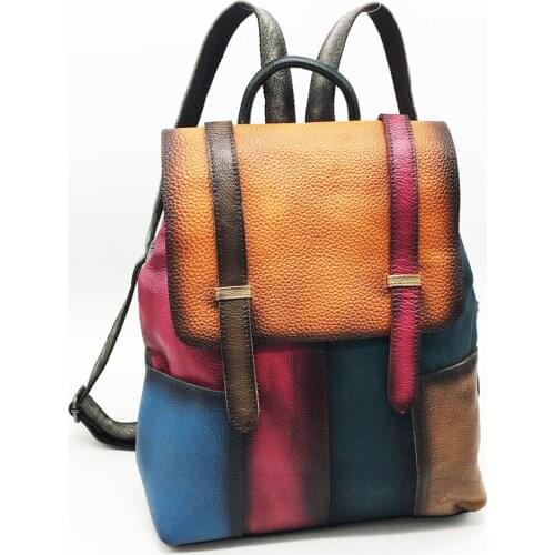 Genuine leather vintage colorful large backpack for women high quality