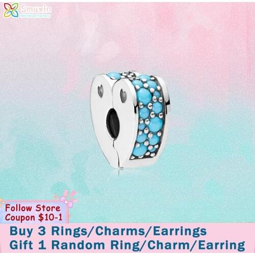 Smuxin 925 Sterling Silver Beads Cyan Blue Arcs Of Love Clip Charms fit Original Pandora Bracelets for Women Jewelry Making Gift