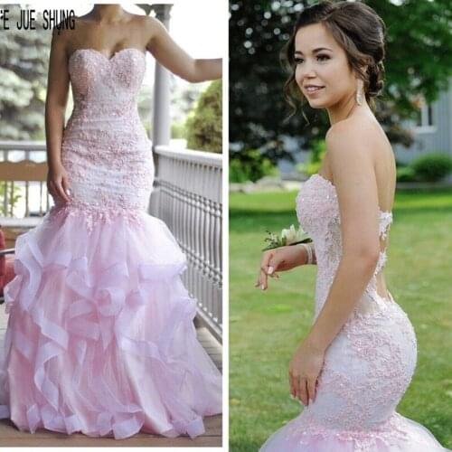 E JUE SHUNG Pink Mermaid Wedding Dresses Sweetheart Backless Luxury Appliques Ruffles Bridal Gowns Vestidos de novia Bride Dress
