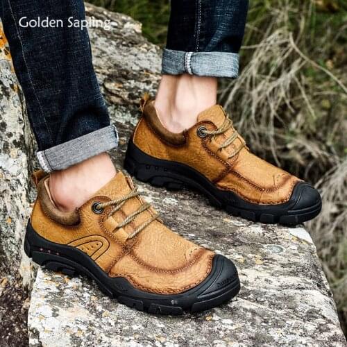 Golden Sapling Classic Leisure Shoes Men Genuine Leather Walking Flats Fashion Casual Mens Shoes Retro Tactical Trekking Flat