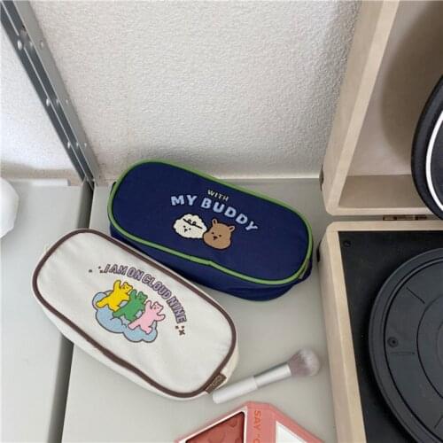 Korean Ins Cartoon Cute Bear Embroidery Pencil Bag Student Stationery Large Capacity Portable Storage Bag School Supplies Oxford