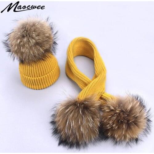 New Winter Baby Girls Boy Real Raccoon Knitted Hat Scarf Set With Fur Pompom Ball Caps Baby Children Hats Kids Warm Beanie Suits